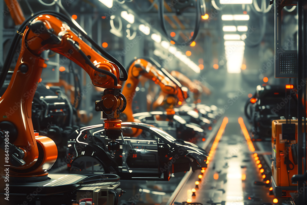 A high-tech factory with robots on an assembly line, manufacturing car body parts efficiently. A high-tech factory with robots on an assembly line, manufacturing car body parts efficiently.