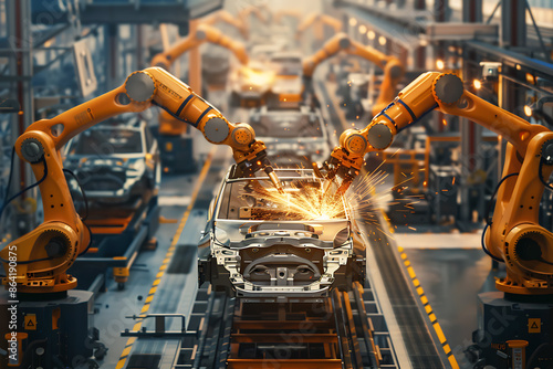 A high-tech factory with robots on an assembly line, manufacturing car body parts efficiently.