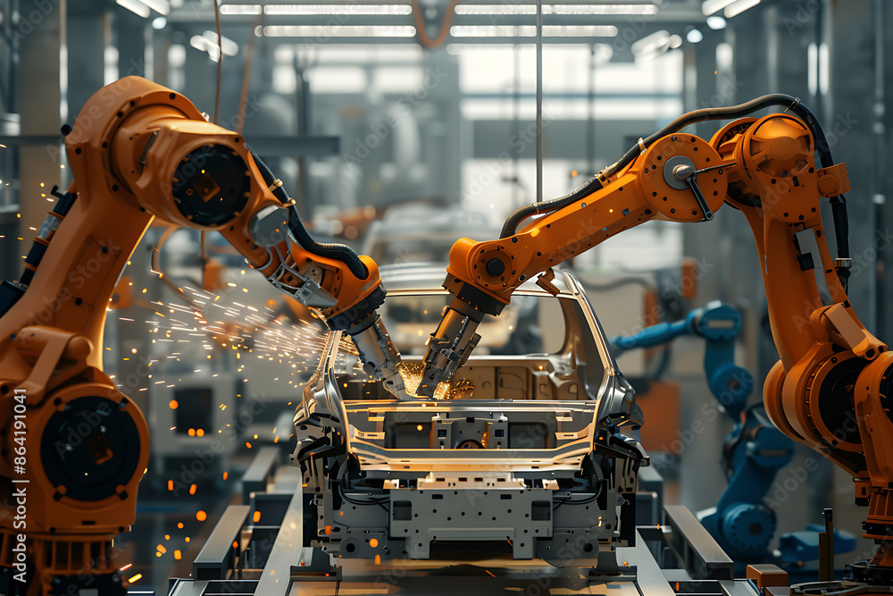A high-tech factory with robots on an assembly line, manufacturing car body parts efficiently. A high-tech factory with robots on an assembly line, manufacturing car body parts efficiently.