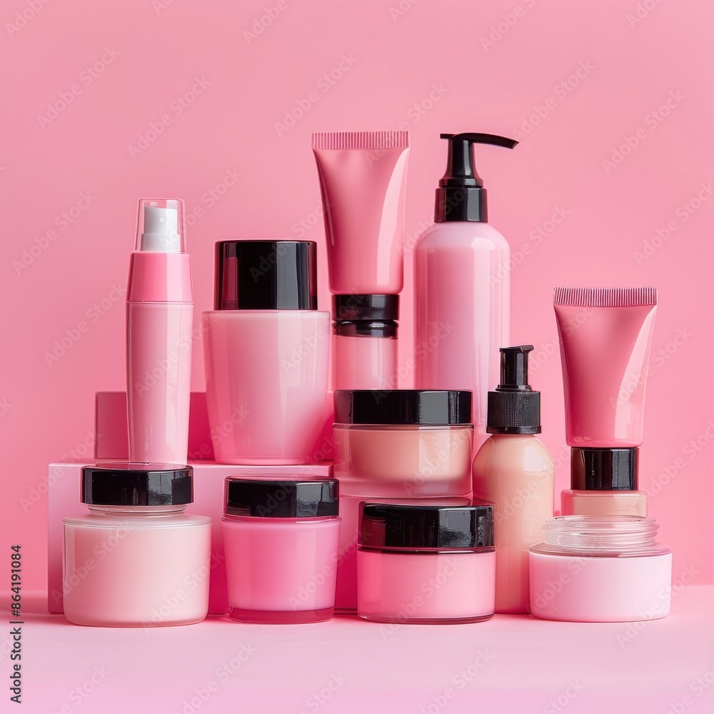 A collection of beauty products, including a bottle of lotion. Cosmetic concept A collection of beauty products, including a bottle of lotion. Cosmetic concept