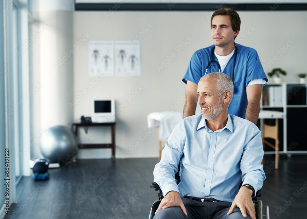 Thinking, patient in wheelchair and doctor in hospital for healthcare, wellness and support. Medical professional, elderly man and happy for physiotherapy idea for recovery and treatment in clinic Thinking, patient in wheelchair and doctor in hospital for healthcare, wellness and support. Medical professional, elderly man and happy for physiotherapy idea for recovery and treatment in clinic