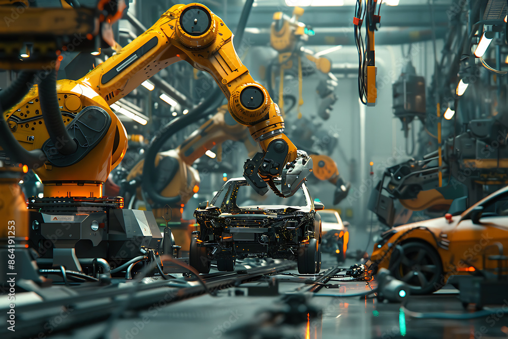 A high-tech factory with robots on an assembly line, manufacturing car body parts efficiently. A high-tech factory with robots on an assembly line, manufacturing car body parts efficiently.