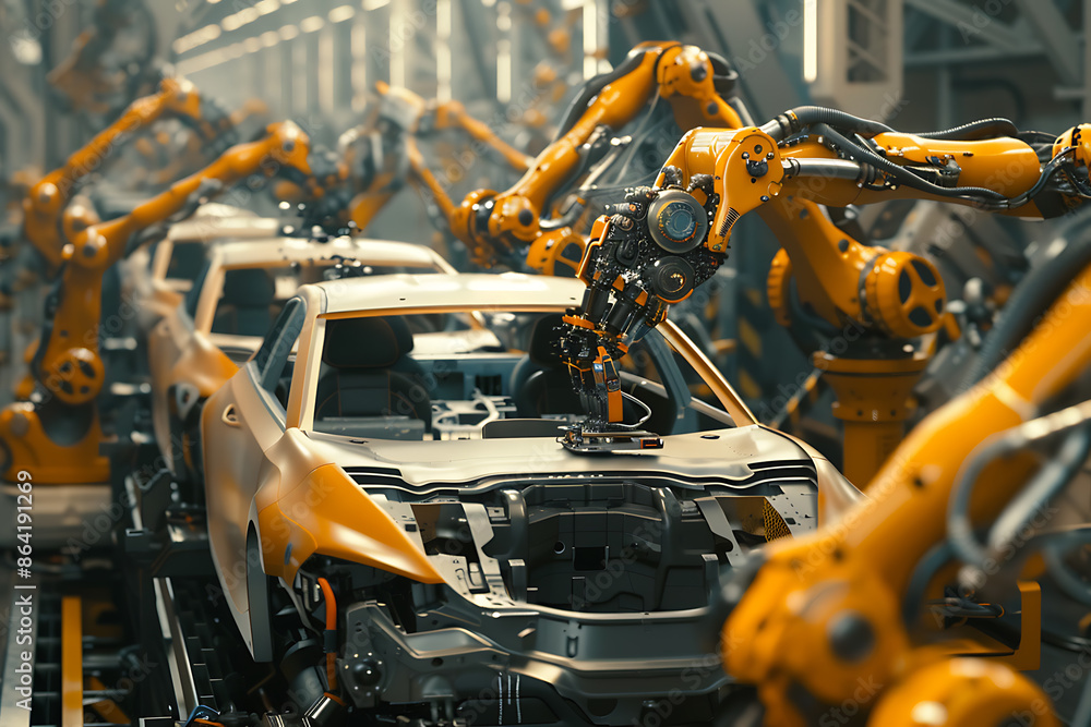 A high-tech factory with robots on an assembly line, manufacturing car body parts efficiently. A high-tech factory with robots on an assembly line, manufacturing car body parts efficiently.