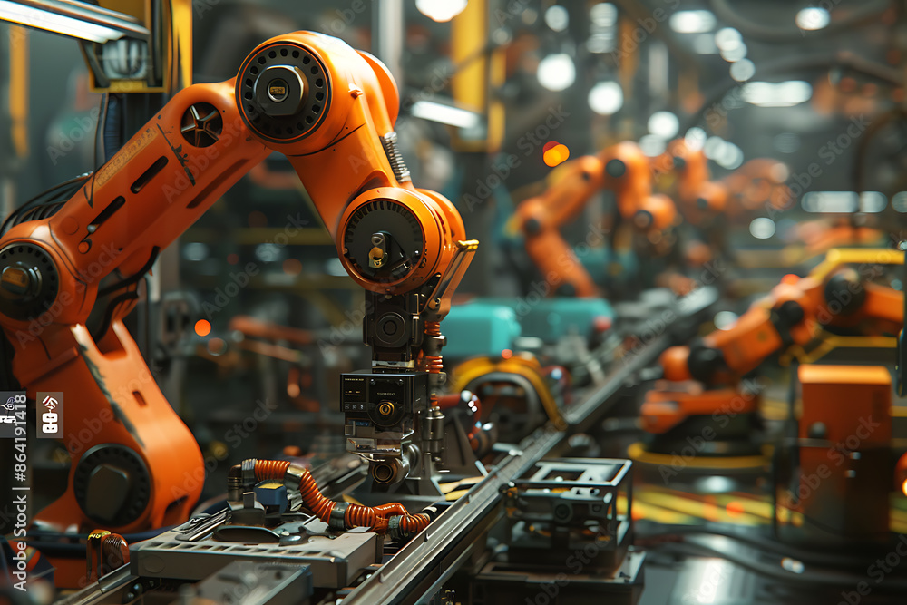 A high-tech factory with robots on an assembly line, manufacturing car body parts efficiently. A high-tech factory with robots on an assembly line, manufacturing car body parts efficiently.