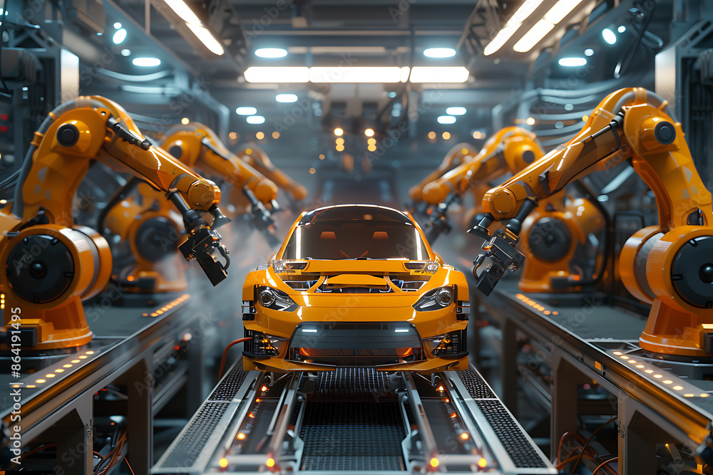 A high-tech factory with robots on an assembly line, manufacturing car body parts efficiently. A high-tech factory with robots on an assembly line, manufacturing car body parts efficiently.
