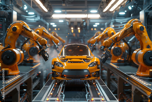 A high-tech factory with robots on an assembly line, manufacturing car body parts efficiently.