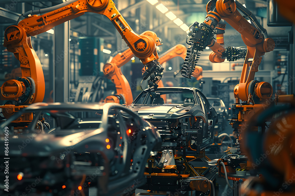 A high-tech factory with robots on an assembly line, manufacturing car body parts efficiently. A high-tech factory with robots on an assembly line, manufacturing car body parts efficiently.