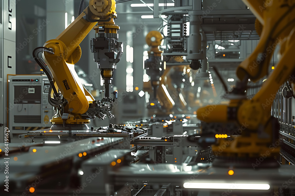 A high-tech factory with robots on an assembly line, manufacturing car body parts efficiently. A high-tech factory with robots on an assembly line, manufacturing car body parts efficiently.