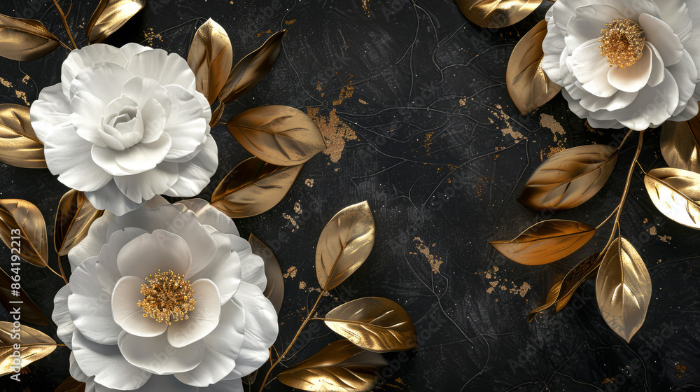 3D render of flowers and golden leaves on a dark background