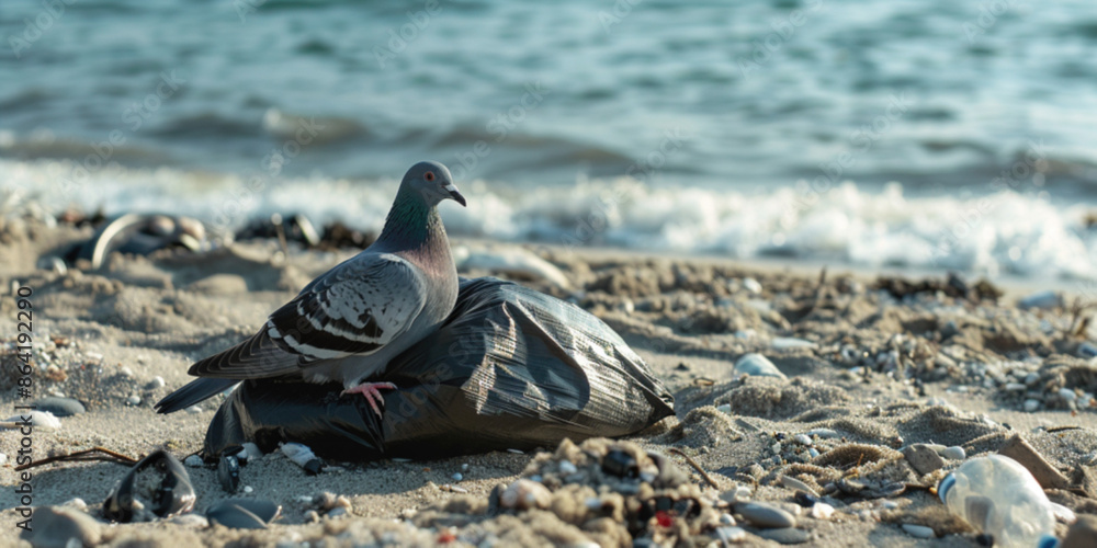 Cleaning of the water rest zone. Environmental conservation ecology concept. Global environmental ecological pollution. Dove sitting on plastic rubbish garbage trash bag in sand on beach shore Cleaning of the water rest zone. Environmental conservation ecology concept. Global environmental ecological pollution. Dove sitting on plastic rubbish garbage trash bag in sand on beach shore