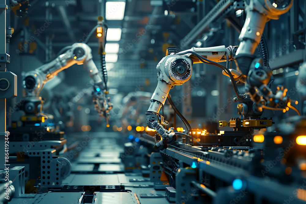 A high-tech factory with robots on an assembly line, manufacturing car body parts efficiently. A high-tech factory with robots on an assembly line, manufacturing car body parts efficiently.