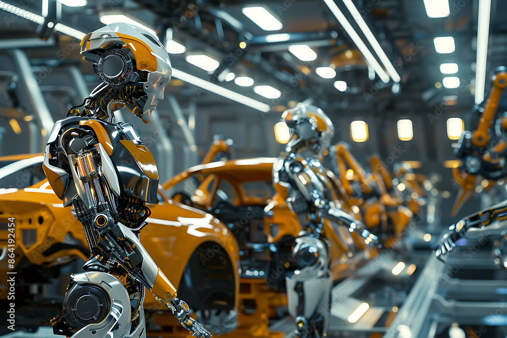 A high-tech factory with robots on an assembly line, manufacturing car body parts efficiently. A high-tech factory with robots on an assembly line, manufacturing car body parts efficiently.