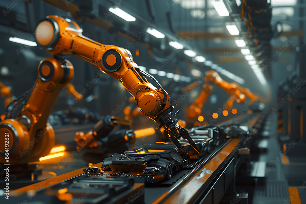 A high-tech factory with robots on an assembly line, manufacturing car body parts efficiently. A high-tech factory with robots on an assembly line, manufacturing car body parts efficiently.