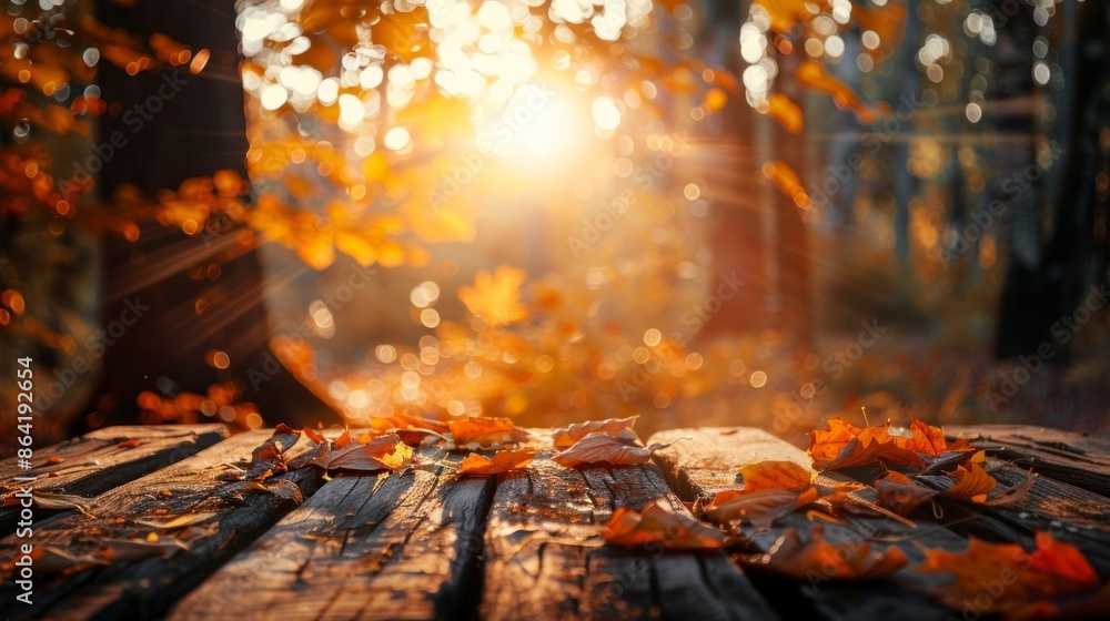 perfect table to place objects with a park in autumn background perfect table to place objects with a park in autumn background