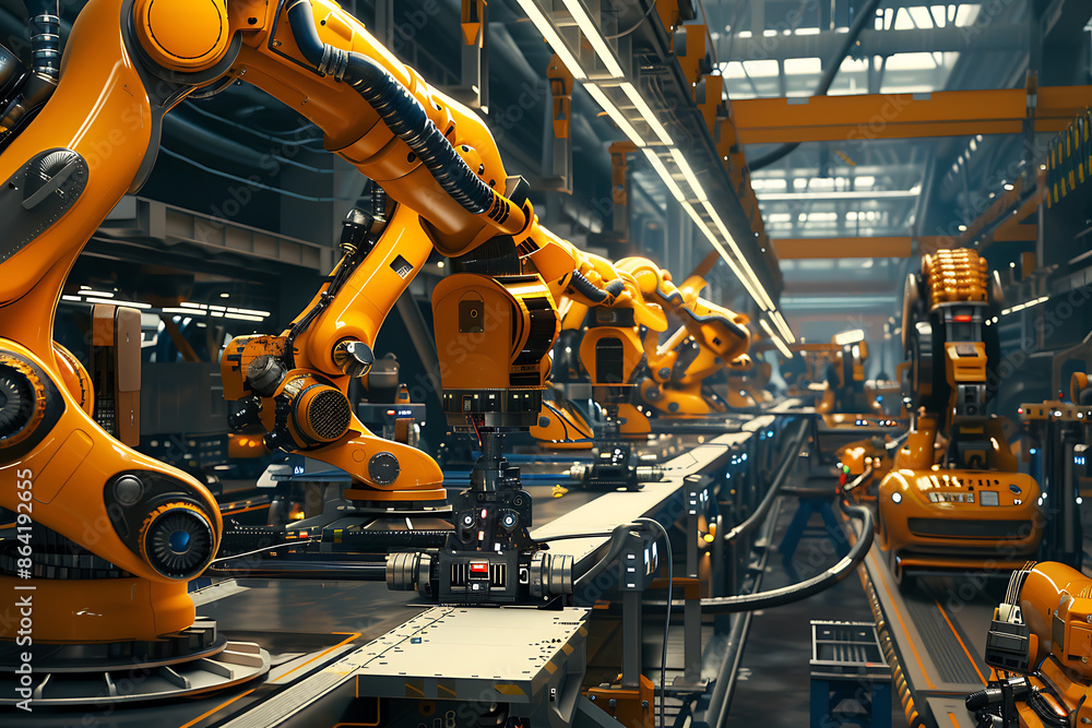 A high-tech factory with robots on an assembly line, manufacturing car body parts efficiently. A high-tech factory with robots on an assembly line, manufacturing car body parts efficiently.