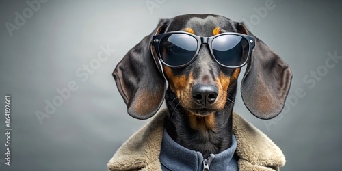Dashing black dachshund wearing sunglasses and fleece jacket, dachshund, black, wiener dog, shades, sunglasses, fleece jacket