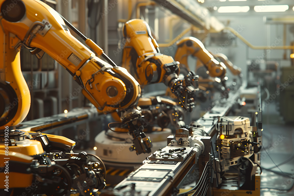 A high-tech factory with robots on an assembly line, manufacturing car body parts efficiently. A high-tech factory with robots on an assembly line, manufacturing car body parts efficiently.