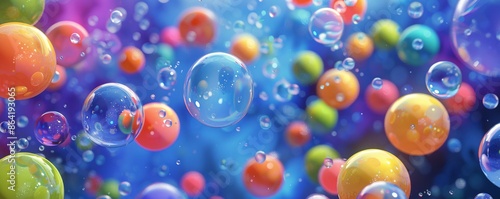 Blue liquid with colorful bubbles floating in an abstract background
