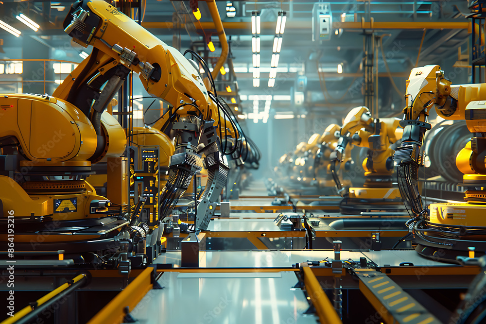 A high-tech factory with robots on an assembly line, manufacturing car body parts efficiently. A high-tech factory with robots on an assembly line, manufacturing car body parts efficiently.