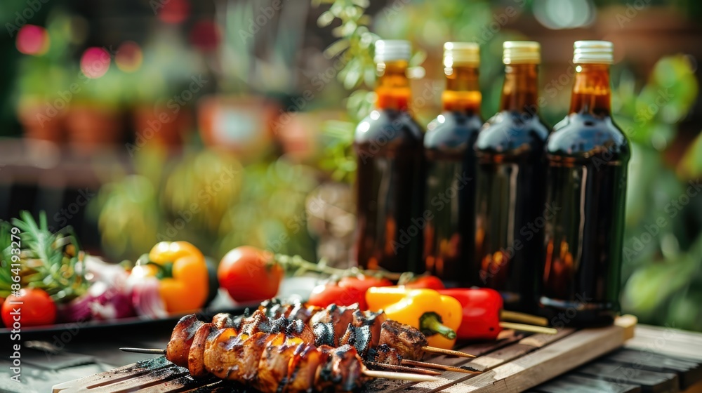 Grilled skewers and sauce bottles arranged on a wooden table with fresh vegetables, set outdoors, evoking a lively barbecue gathering. Grilled skewers and sauce bottles arranged on a wooden table with fresh vegetables, set outdoors, evoking a lively barbecue gathering.