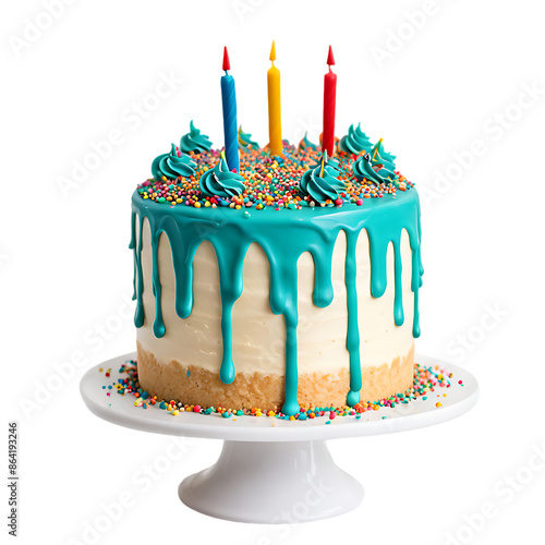 Teal Blue Birthday Cake with Drip Icing, Candles and Copy Space