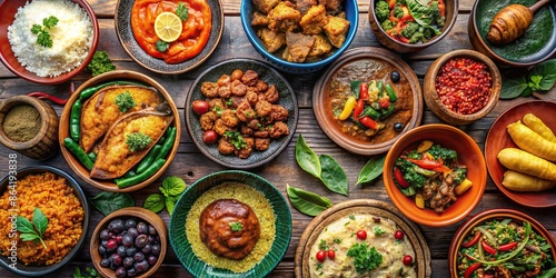 Top view of a colorful and vibrant spread of traditional African dishes on a table , African, food, cuisine, feast, meal © artsakon