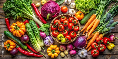 Freshly picked assortment of colorful vegetables , healthy, organic, farm-fresh, produce, harvest, cooking, ingredients
