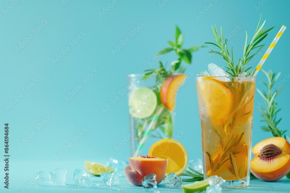 Fototapeta premium Peach cocktail and rosemary-lime iced tea on blue background with space for text, refreshing summer drinks with fizzy twist for copy and social media
