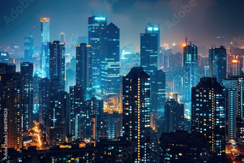Nighttime cityscape with numerous illuminated skyscrapers