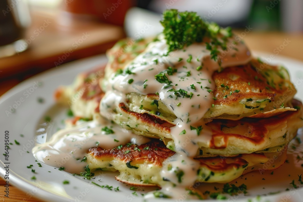 Delicious zucchini pancakes topped with homemade cream sauce for a tasty twist Delicious zucchini pancakes topped with homemade cream sauce for a tasty twist