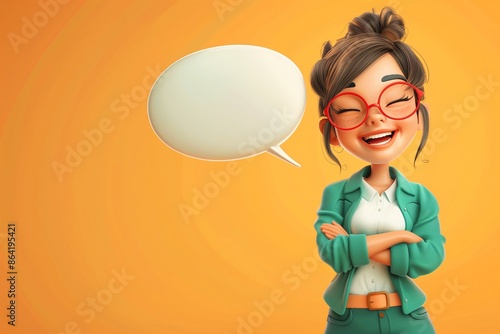 asian business woman with bubble talk in realistic 3d by generative ai
