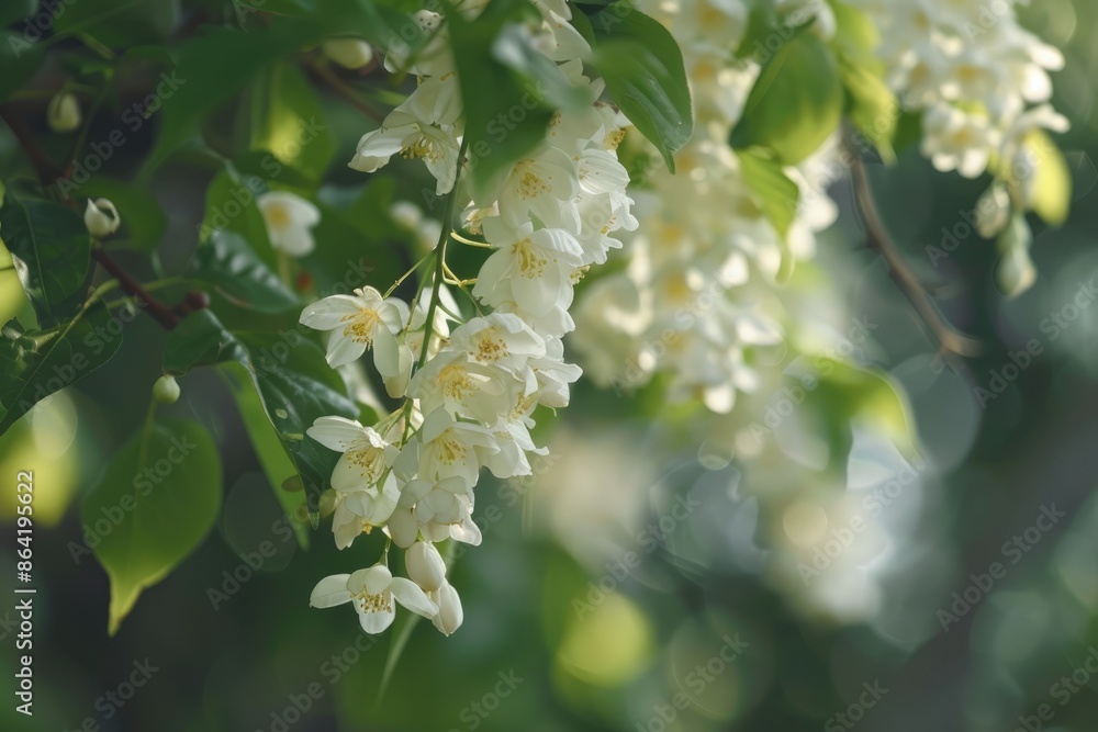 Delicate white flowers hang from mulberry tree branches in urban park Delicate white flowers hang from mulberry tree branches in urban park