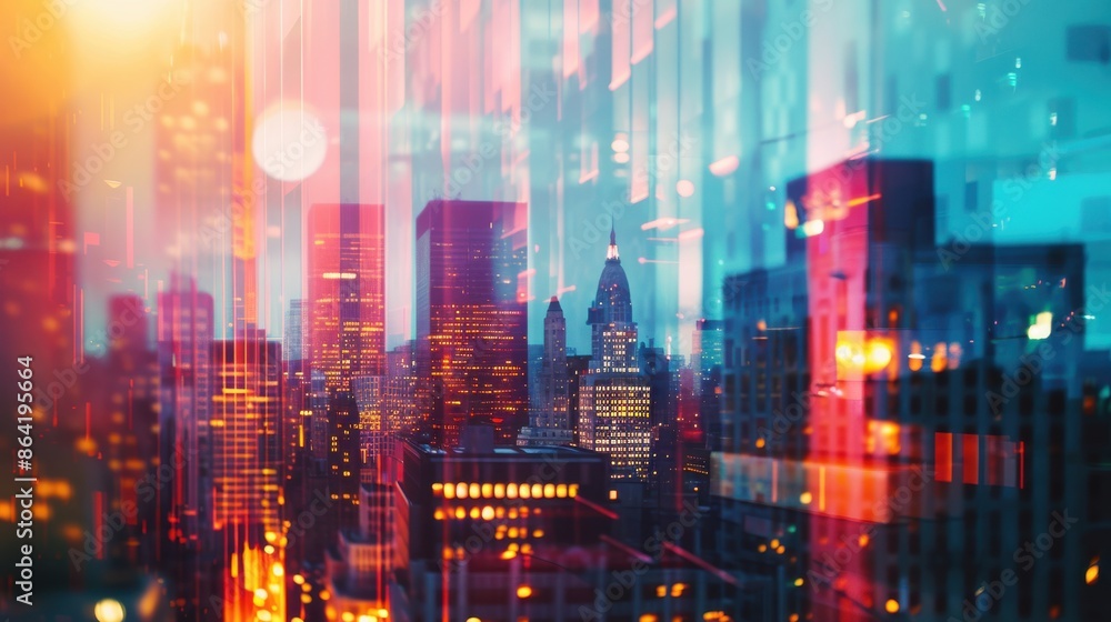 Stock chart, city skyline, close up, focus on, copy space, vibrant colors, Double exposure silhouette with urban landscape Stock chart, city skyline, close up, focus on, copy space, vibrant colors, Double exposure silhouette with urban landscape