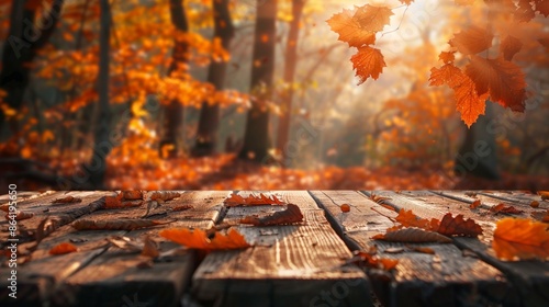 perfect table to place objects with a defocused autumn park background
