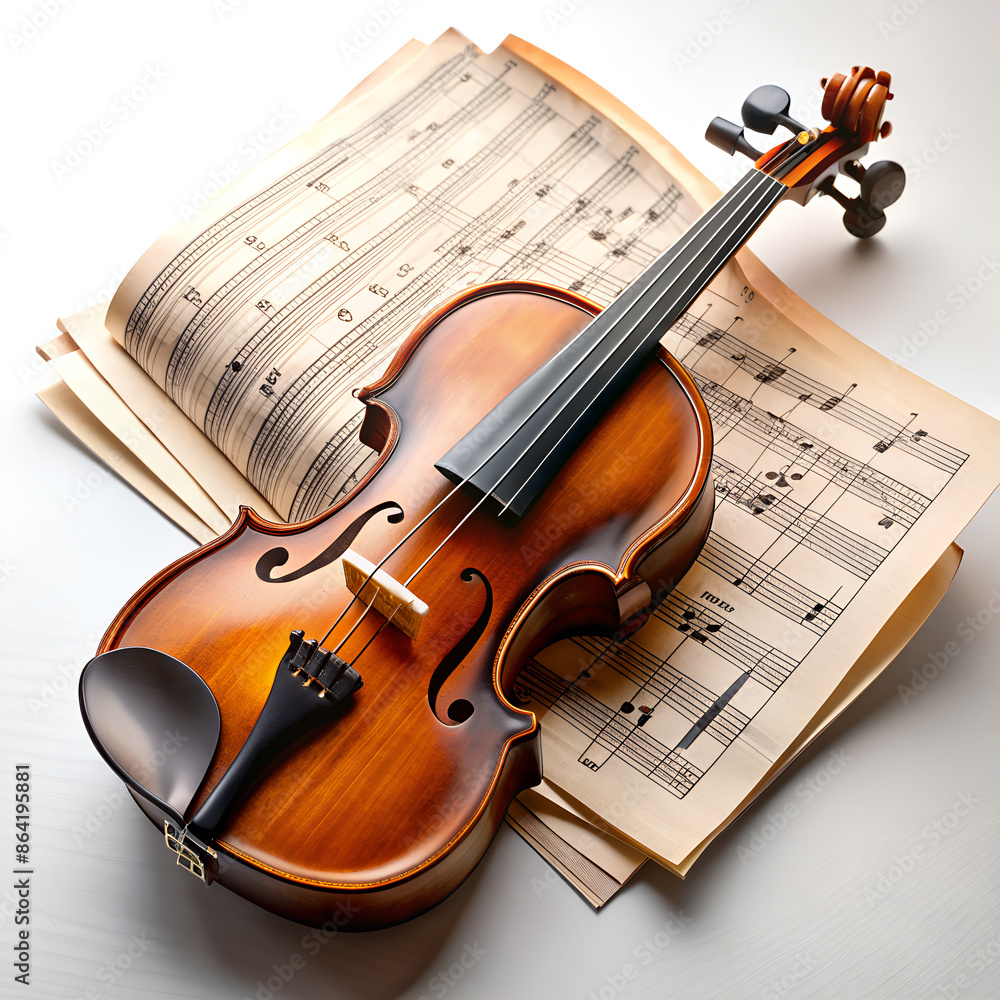 Fototapeta premium Violin with some old sheet music, close-up of a still life.