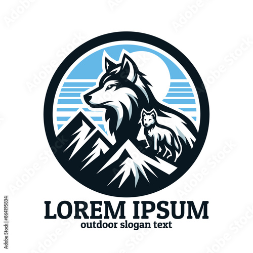 Outdoor Wolf mountain logo illustration, wolf with mountain illustration badge, fox outdoor badge