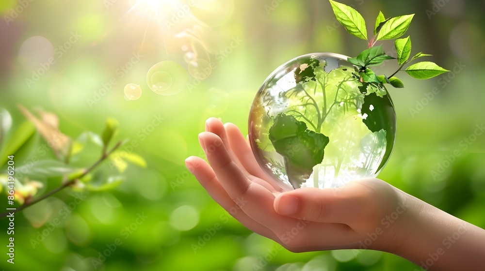 Nurturing the Future:Hand Holding Glowing Earth Globe Among Green Leaves Nurturing the Future:Hand Holding Glowing Earth Globe Among Green Leaves