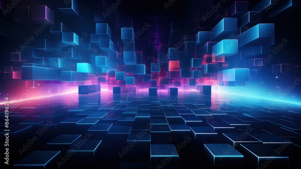 Abstract Neon Cityscape with Glowing Cubes Abstract Neon Cityscape with Glowing Cubes