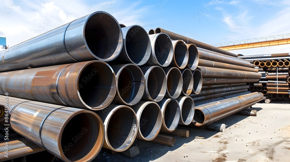 Rows of Stacked Steel Pipes at Industrial Construction Site Rows of Stacked Steel Pipes at Industrial Construction Site