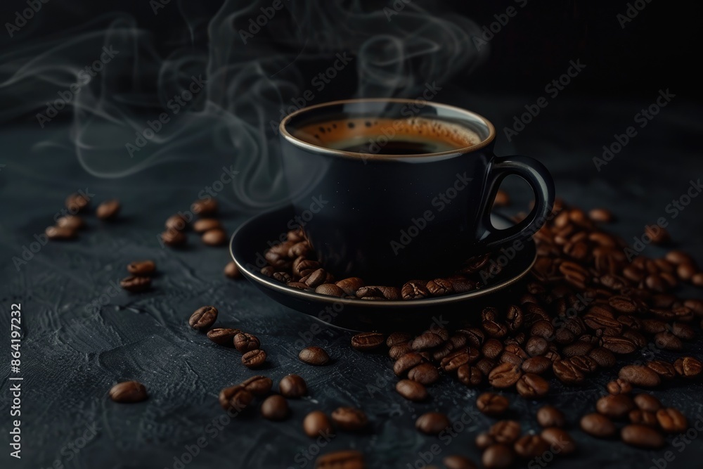 Steaming cup of dark espresso encircled by java beans on vintage black surface Steaming cup of dark espresso encircled by java beans on vintage black surface