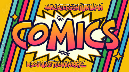 Retro comic book alphabet font, pop art style typeface, fun bold vibrant playful letters for playful kids branding, cartoon-style design, colorful typography. Vector typeset.