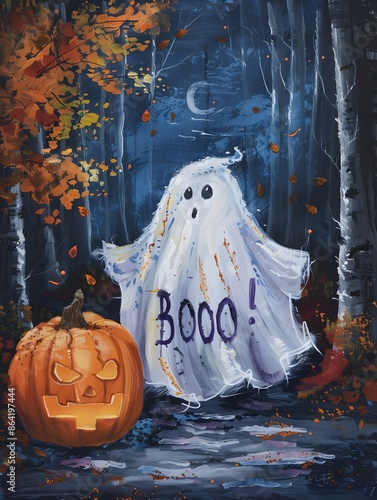 a cute white ghost saying boo photo