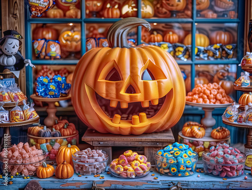 Display a large central carved smile pumpkin surrounded by an assortment of smaller pumpkins and colorful candies, all set against shop backdrop filled with autumnal halloween decorations photo