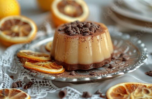 Creamy Vanilla Pudding With Dried Orange Slices and Chocolate Shavings