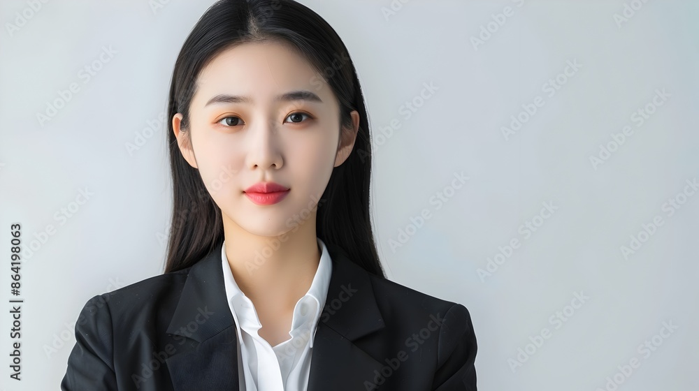 Confident and Serious Asian Businesswoman in Formal Attire Posing in Office Setting Confident and Serious Asian Businesswoman in Formal Attire Posing in Office Setting