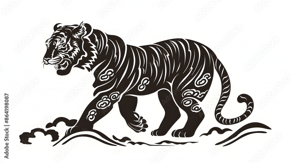 Powerful Majestic Tiger Stalking in Lush Jungle Landscape Powerful Majestic Tiger Stalking in Lush Jungle Landscape