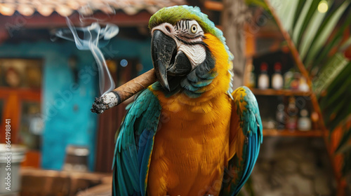 Bright parrot with cigar at a street bar, poster photo