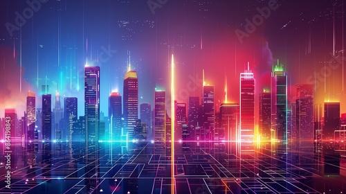 Futuristic night city. Cityscape on a colorful background with bright and glowing neon lights. Wide city front perspective view. Cyberpunk and retro wave style illustration,uturistic cityscape illustr © Guru