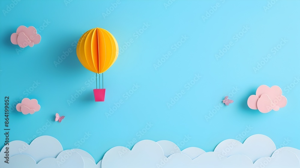 Whimsical Paper Balloon Floating in Magical Sky with Clouds Whimsical Paper Balloon Floating in Magical Sky with Clouds