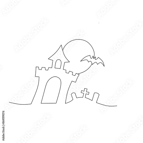 Hallowen castile with bat and moon line art photo